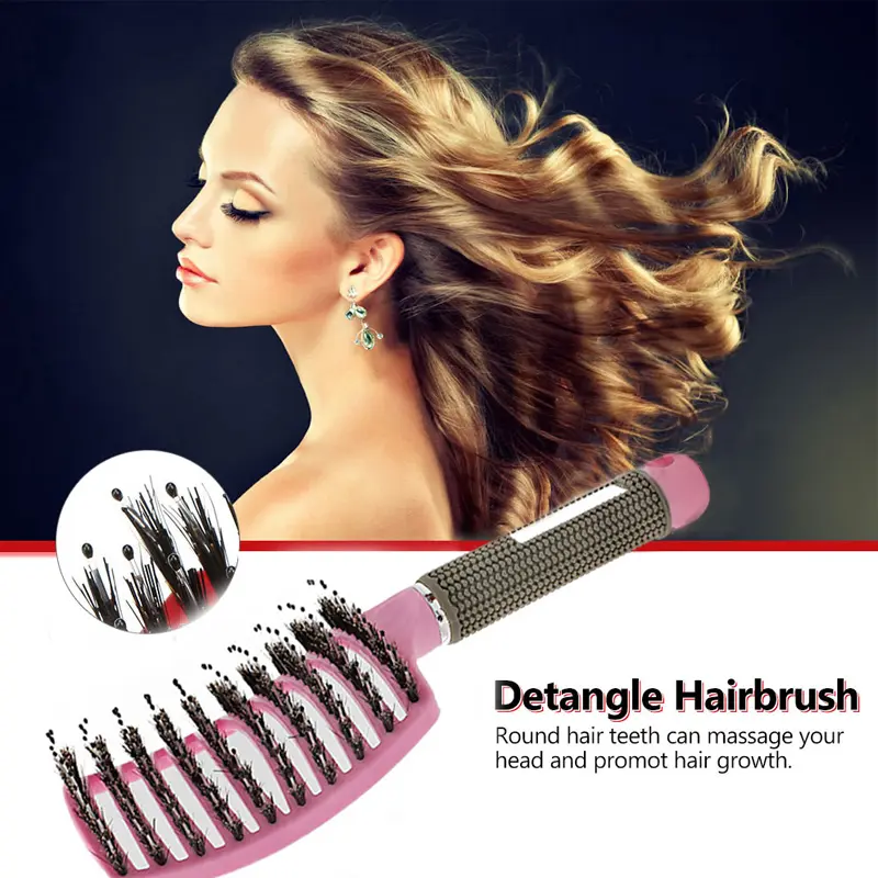 Women's Anti-Klit Nylon Bristle Hair Brush - Arched Comb Head, Detangler, Scalp Massage Tool for Hair Growth, Stress Relief, Anti-Dandruff, Elegant Appearance, Reduces Stress, Family Use, Dandruff Relief, Nylon+Bristles, Decorative, Magnetic, Pink Gold, D