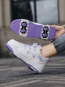 Girls' Glowing Led Shoes with Rotating Button Wheels, Fashionable Kids Skateboard Shoes, Detachable Two-In-One Street Style Skates