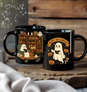 Halloween Ghost Reading Mug Cute Spooky Book Lover Mug Black Coffee Cup
