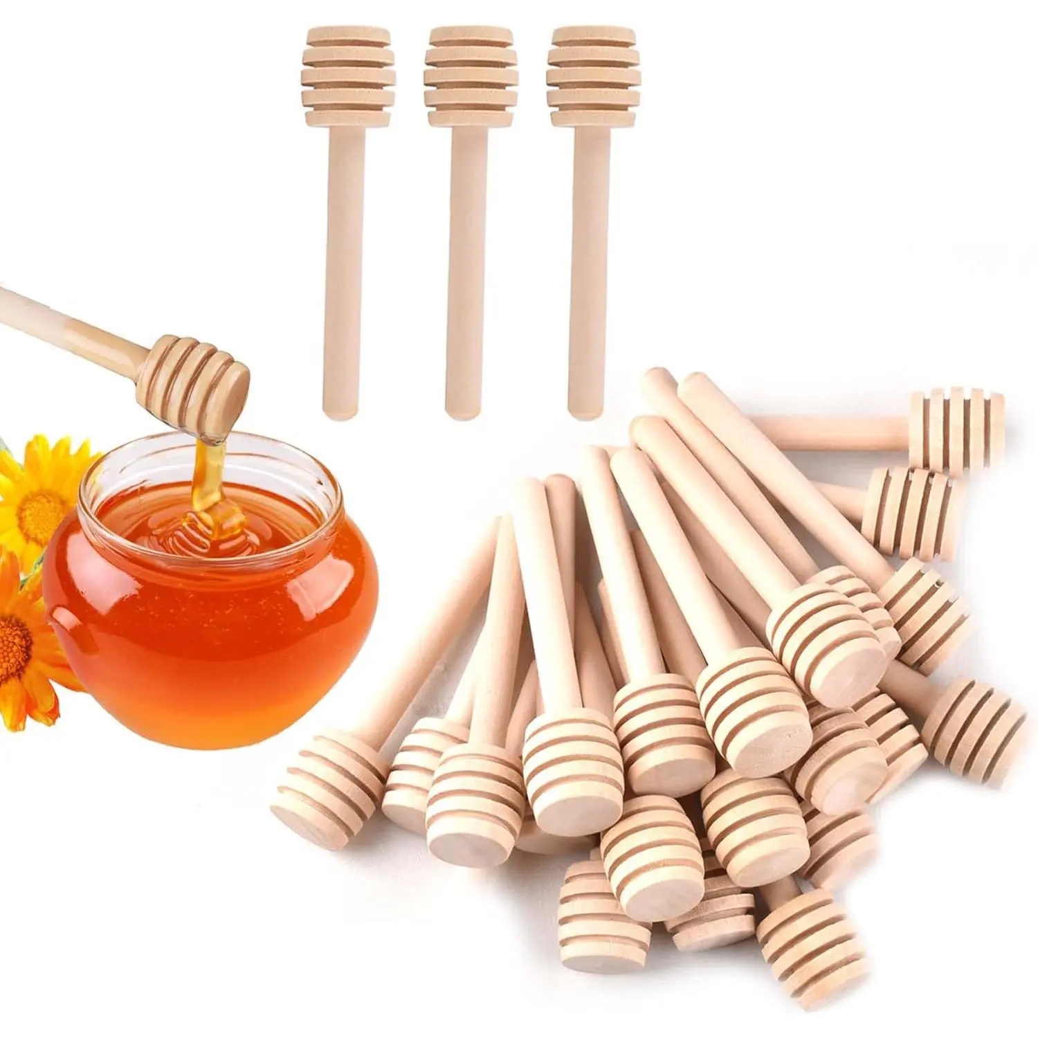 24Pcs 4.1 Inch Wooden Honey Dipper Sticks - Kitchen Utensils, Mini Honeycomb Stirrer for Honey Jars, Wedding Party Decor