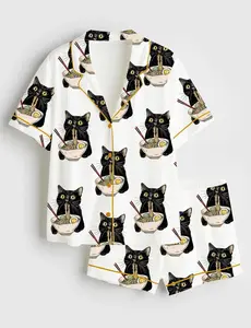Noodle Cat Satin Pajama Set For Women, Cute Cat Print Silky Sleepwear, Soft Short Sleeve Lounge Outfit, Fun Animal Lover Gift