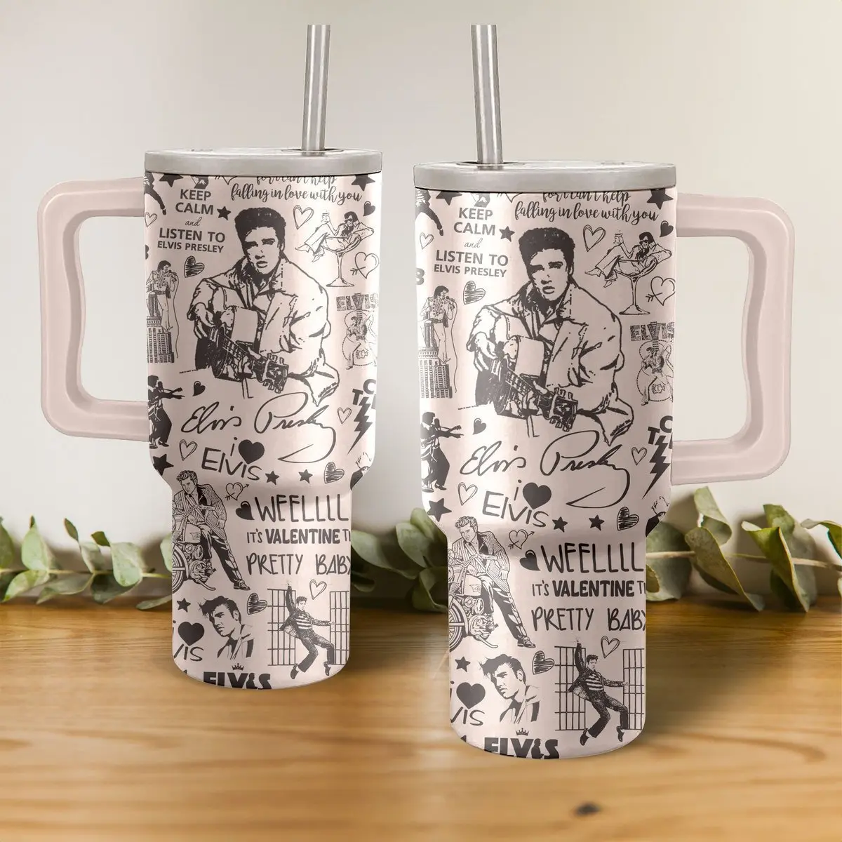 Elvis Presley Music Tumbler 40oz With Handle & Straw, King of Rock and Roll Inspired Travel Mug, Classic Singer Graphic Insulated Stainless Steel Cup, Retro Music Lover Drinkware, Leakproof Large Capacity Water Tumbler, Elvis Fan Gift