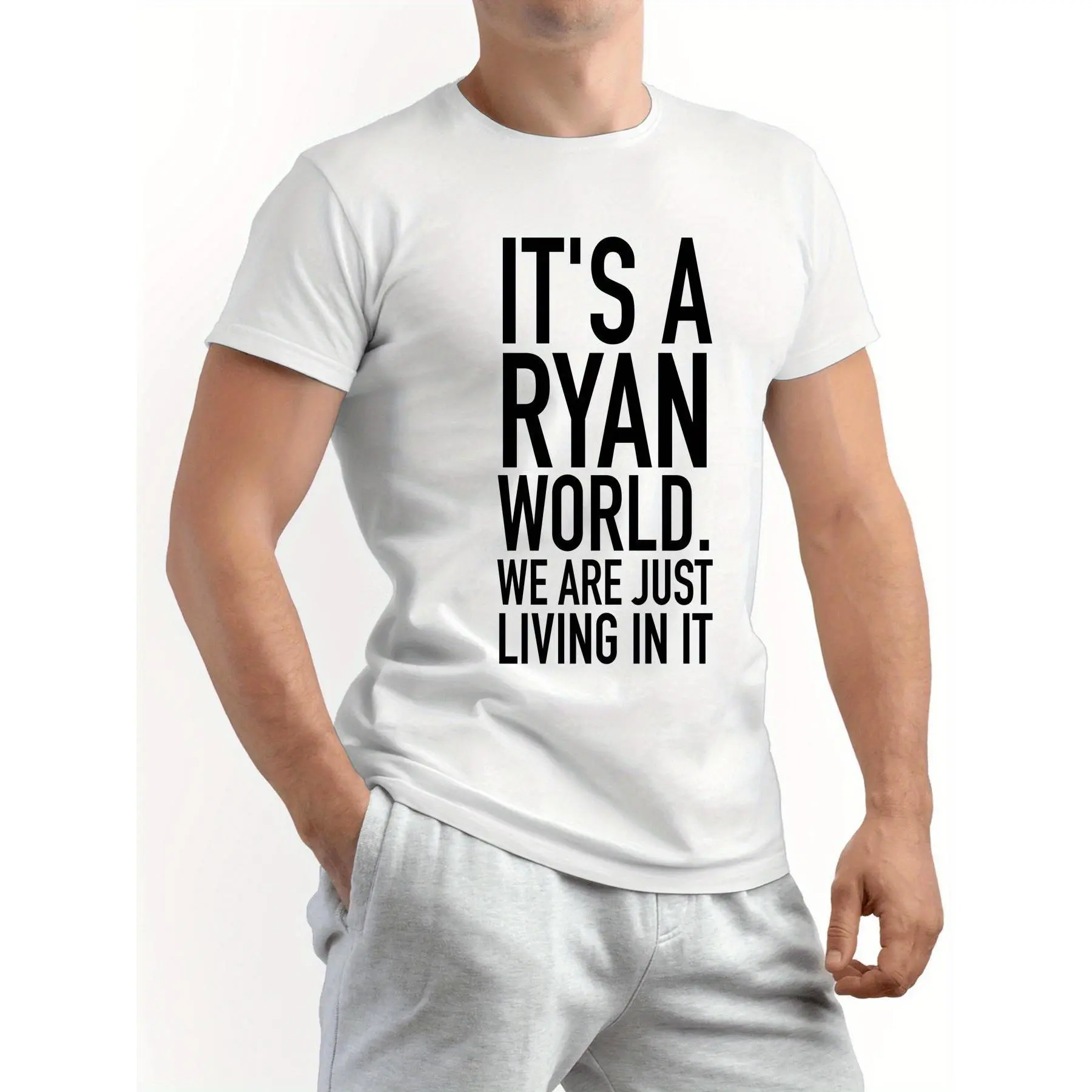 Funny "It's a Ryan World" Saying T-Shirt - Bold Text Print Crew Neck Tee - Soft Everyday Shirt for Men, Women, Dad, Friends - Machine Washable Gift Idea - Available in Black & White - Casual Apparel, Funny T Shirts, Humorous Clothing, Playful Design, Comf