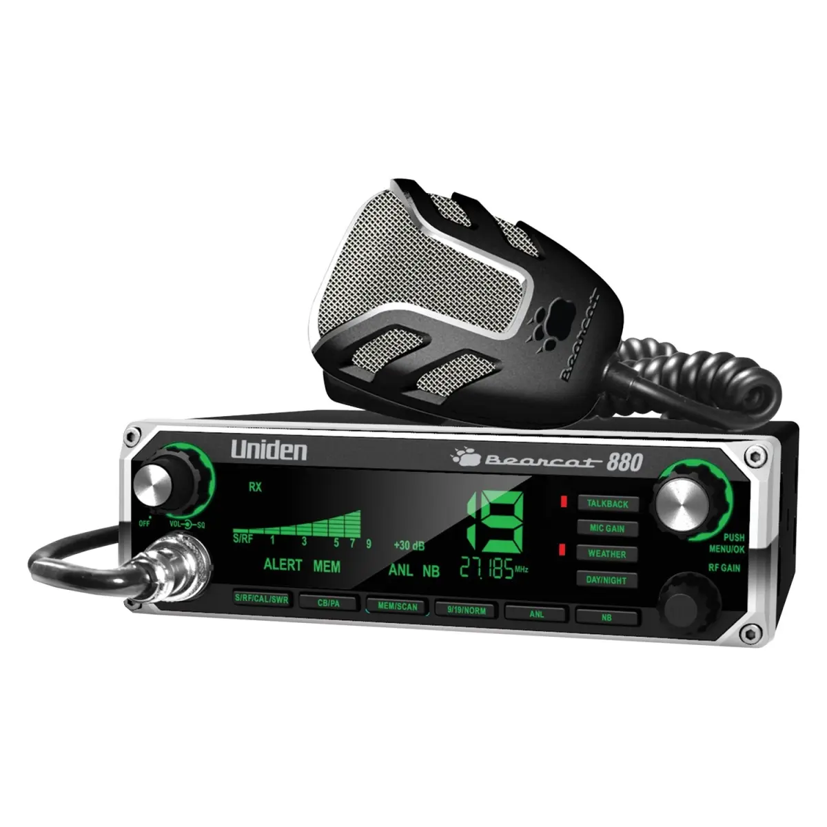 Uniden BEARCAT 880FM 40-Channel CB Radio, 7" Color Display, Dynamic Squelch Control, Mic Gain Hi/Lo Button, Noise Canceling Mic