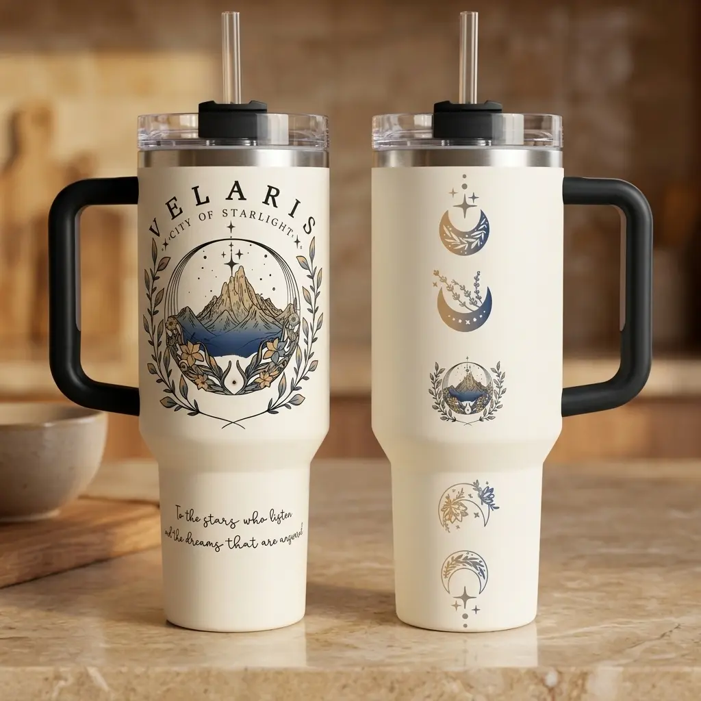 ACOTAR Velaris V2 Tumbler 40oz Handle Stainless Steel Tumbler 40oz, City of StarsLight, A Court of Thorns and Roses, Velaris The City