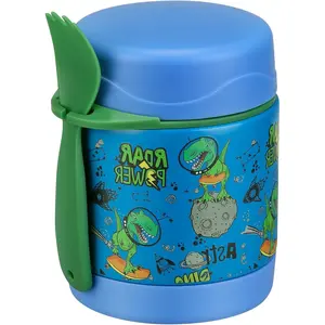 10oz Soup Thermo for Hot  ,Lunch Thermo   Jar with Spoon Hot Insulated  Containers,Leak Proof Stainless Steel Wide Mouth Lunch  Thermo Jar for School(Blue-Dinosaur)