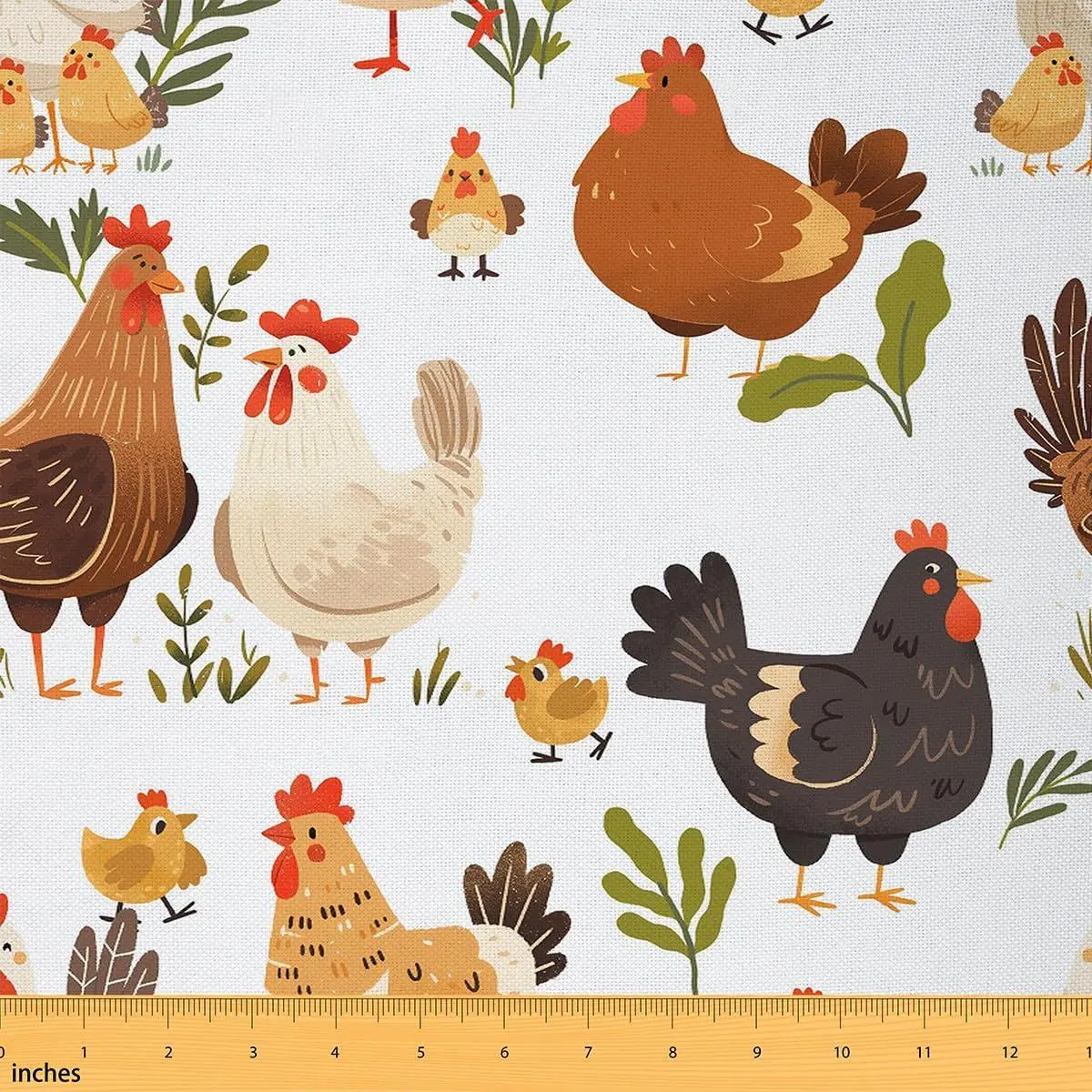 Farmhouse Hen Decorative Fabric Cartoon Chicken Rustic Animals Indoor Outdoor Soft Flannel Polyester No Stretch Fabric Green Leaves Weeds Plant Quilting Sewing Arts,(Not Cotton)