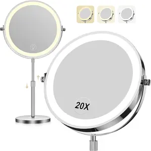 Makeup Mirror with Lights, 1x/20x 360? Rotation  Mirror, Brightness Adjustable Lighted Makeup Mirror with Magnification, 5000 mAh Rechargeable Double Sided Mirror with 3 Colors,  for Women