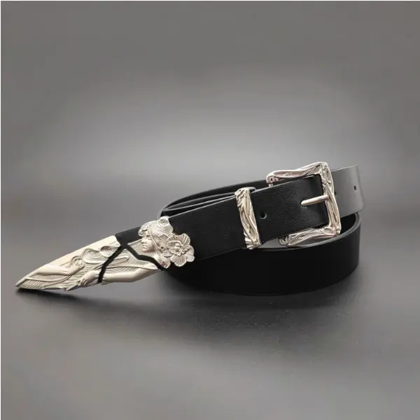 Men's Retro Punk Metal Western Broken Swordsman Kendo Carved Stylish Leather Belt - Spring-Summer Fashion Accessory