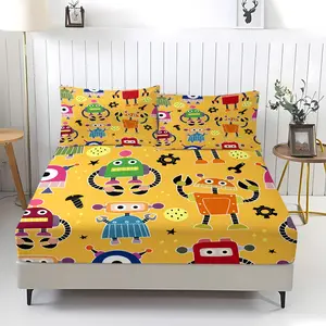 3-Piece Childlike Robot Pattern Fitted Sheet Set, Soft And Durable Bedding Set, Includes 1 Piece Flat Sheet And 2 Pieces Pillowcases, Daily Holiday Birthday Gift Bedroom Decorations For Kids And Adults