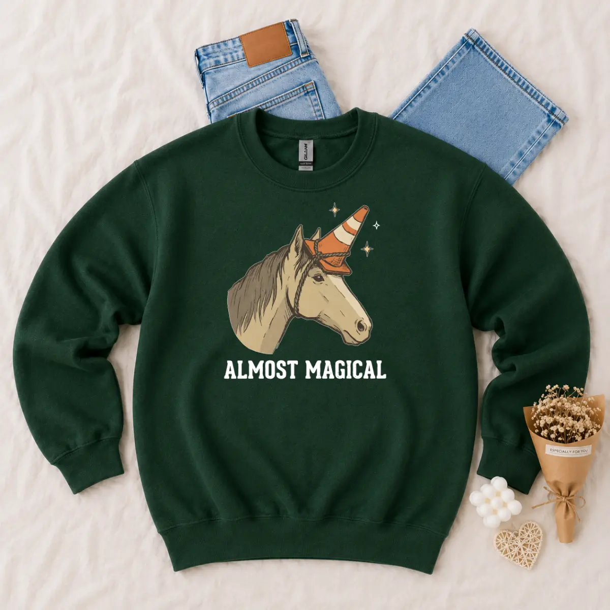 Almost Magical Horse Sweatshirt, Funny Traffic Cone Unicorn Crewneck, Sarcastic Horse Lover Pullover, Humor Graphic Black Sweatshirt
