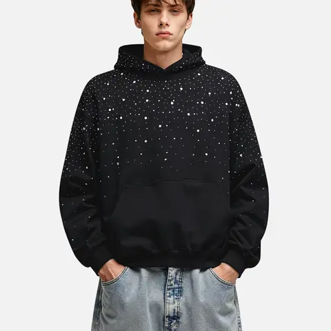 Aelfric Eden Men's Vintage Cotton Hoodie - Unisex Oversized Starry Rhinestone Embellishment, Rhinestone-Brim Lettering, Cute Party Streetwear Clothing Top