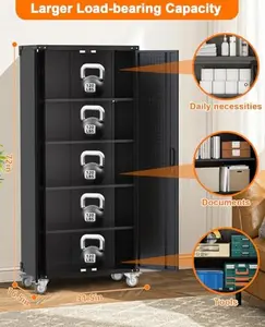 Metal Storage Cabinet, Rolling Steel Tool Cupboard with Wheels, Pegboard Backing and 4 Adjustable Shelves, Lockable Rolling Garage Cabinet for Home, Workshop, Office or Basement, Black