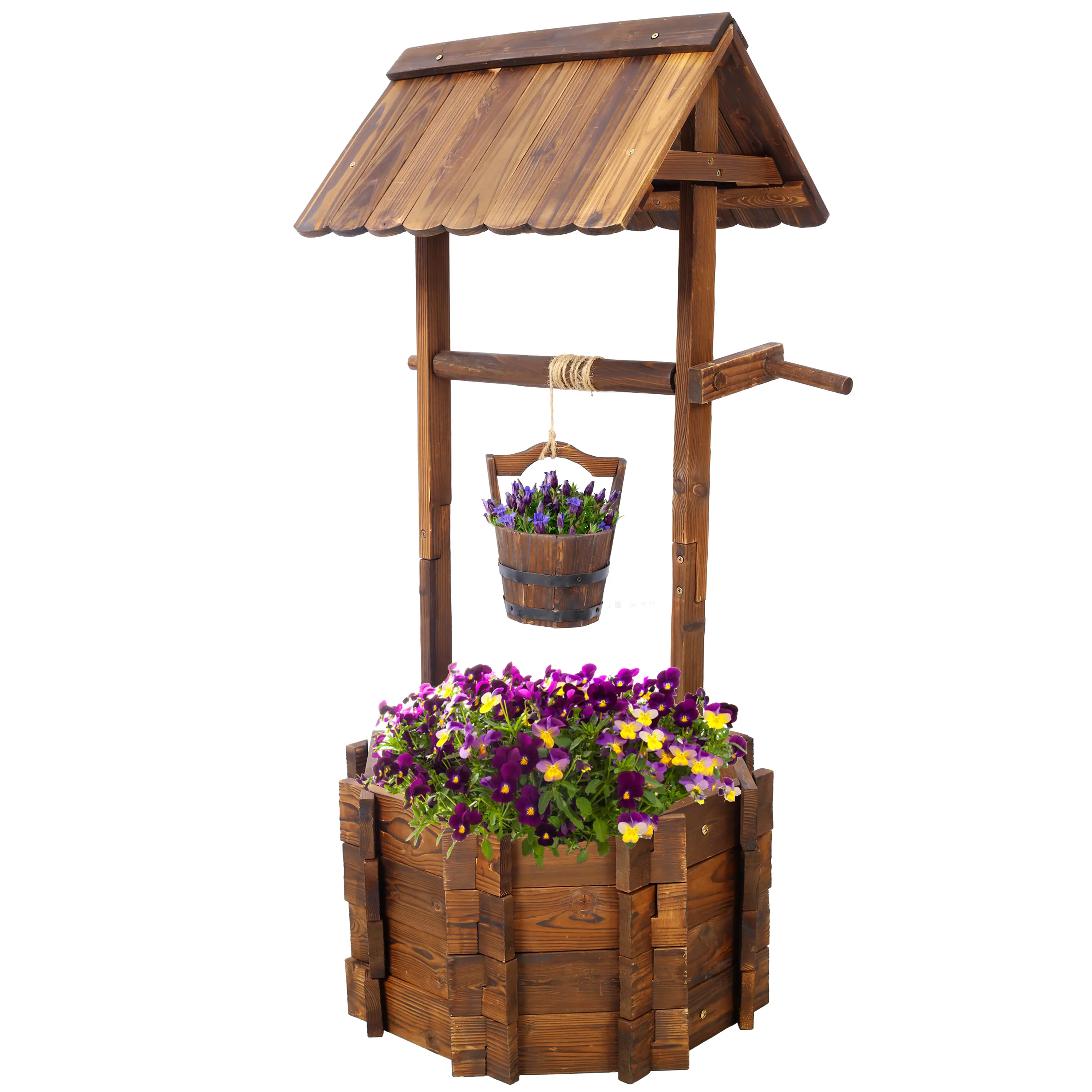 Rustic Wooden Wishing Well Planter (20in/25in), Carbonized Fir Wood, Weathered Brown, Durable with Hanging Bucket, Outdoor Backyard Garden Accessories for Patio, Outdoor Garden Accessories