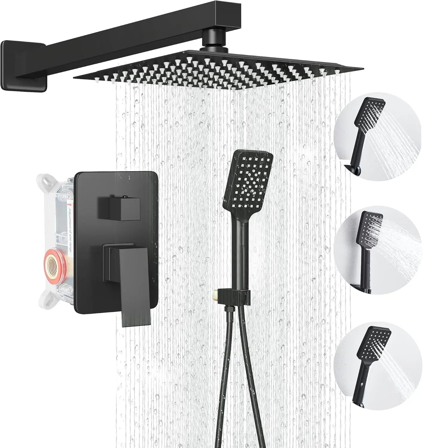 Shower  Matte Black, Shower Faucet Set Bathroom Shower System with 8 inch Square Rain Shower  Wall Mounted with 3-Setting Handheld Spray, Rainfall Shower Combo Set