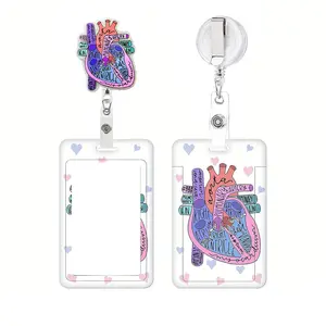 Heart Pattern ID Badge Holder with Card Protector, 1 Count Cute Badge Holder with Card Protector, Identification Badges & Supplies for Nurse & Teacher, Nurse Badge Reel
