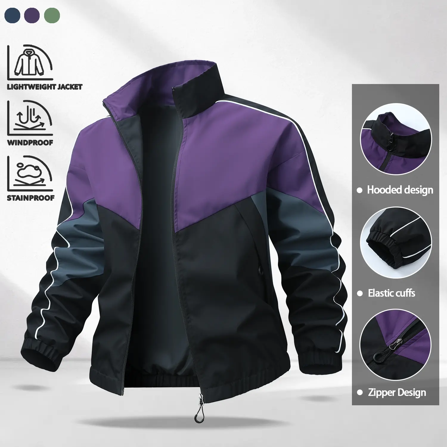 Men's stand collar triangle color-block jacket with full zipper closure, loose fit, and line detailing—casual outerwear