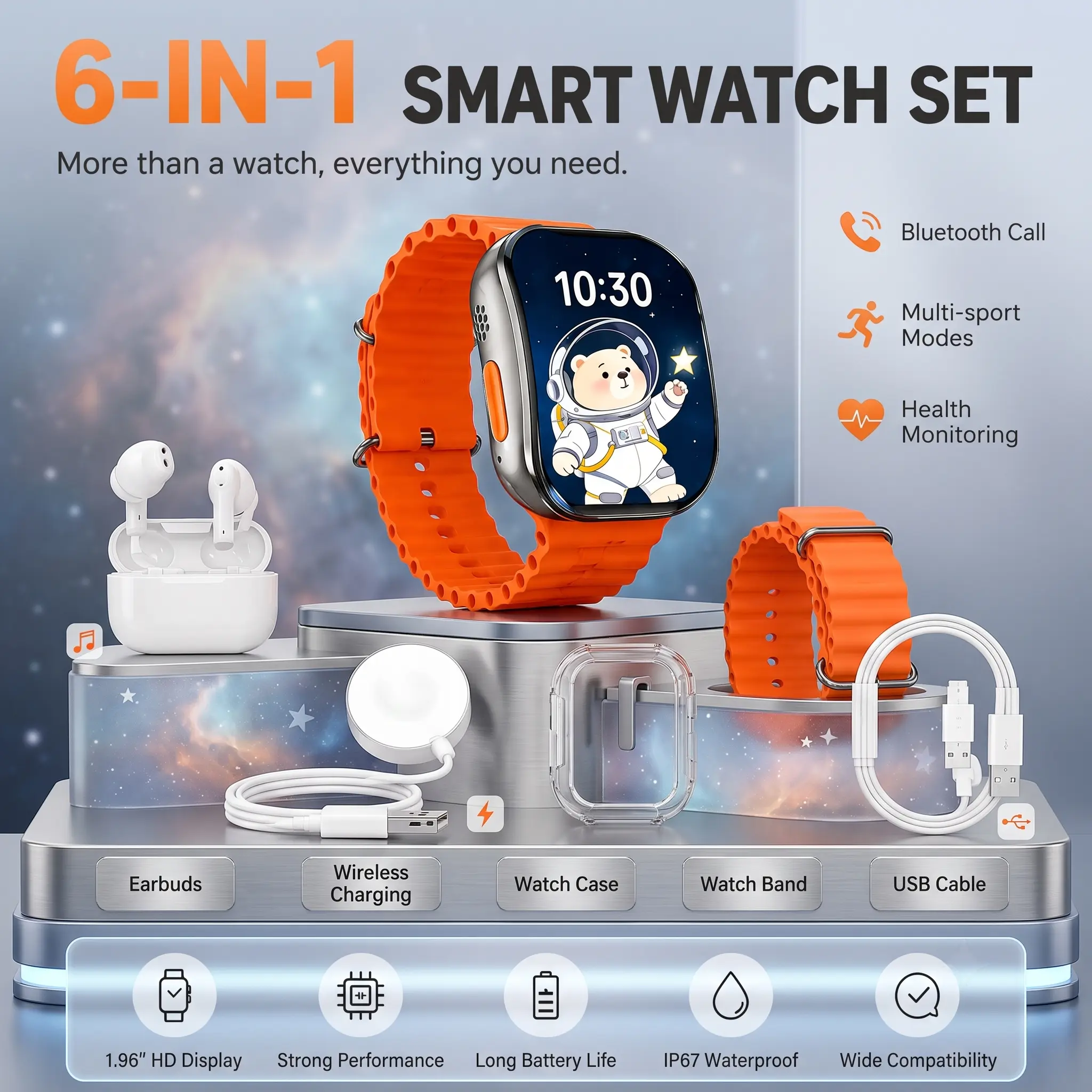 Smart Watch & Bluetooth Headphones Bundle with Type-C Cable, Wireless Audio Support, Fitness Tracker for Sports, Work & Travel, Portable Tech Gift Set for Android and iPhone Users