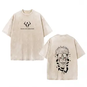 Trendy anime Jujutsu Kaisen Ryomen Sukuna vintage washed heavyweight T-shirt, retro distressed short-sleeve shirt, bold anime graphic, soft thick 100% cotton, durable and breathable, perfect for streetwear, cosplay, and anime fans