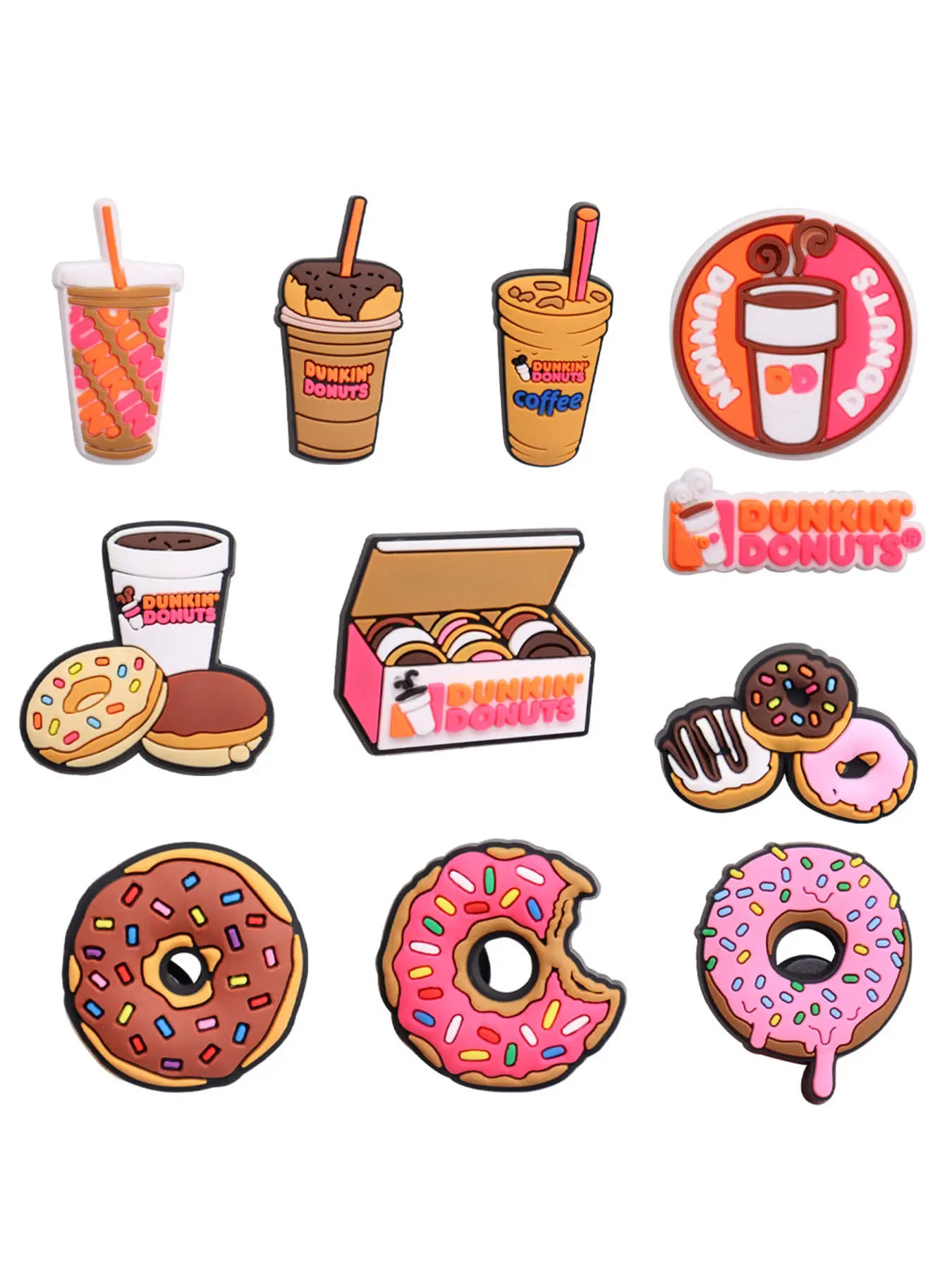 11pcs Coffee Dunkin' Donuts Shoe Charms, Decorative Charms, Cartoon Pattern, Casual Style, All Seasons, Garden Shoes Decoration, Kids Party Gift, Clog Accessories, Cute Shoe Decorations