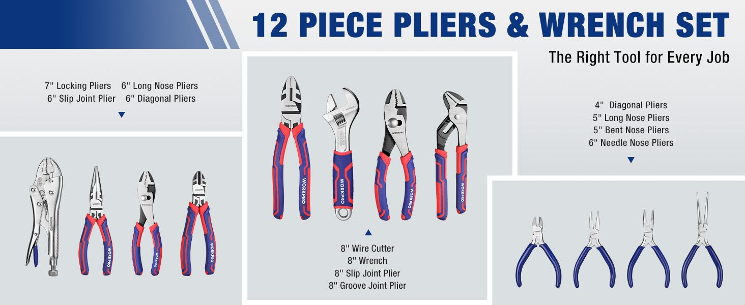 #backtoschool WORKPRO Pliers & Wrench Set, 12-Piece Pliers Tool Set with Organizer, Include Needle Nose, Wire Cutter, Groove Joint, Slip Joint, Long Nose, Diagonal Plier, For Home & Garage, Father's Day Suitable