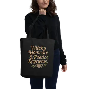 Witchy Momcore & Poetic Ragewear - Black Eco Tote Bag 100% Organic Cotton Printed Design 16x14.5x5 Inches 6 Gallon Capacity