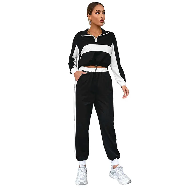 Autumn and winter casual splicing stand-up collar short sweater set