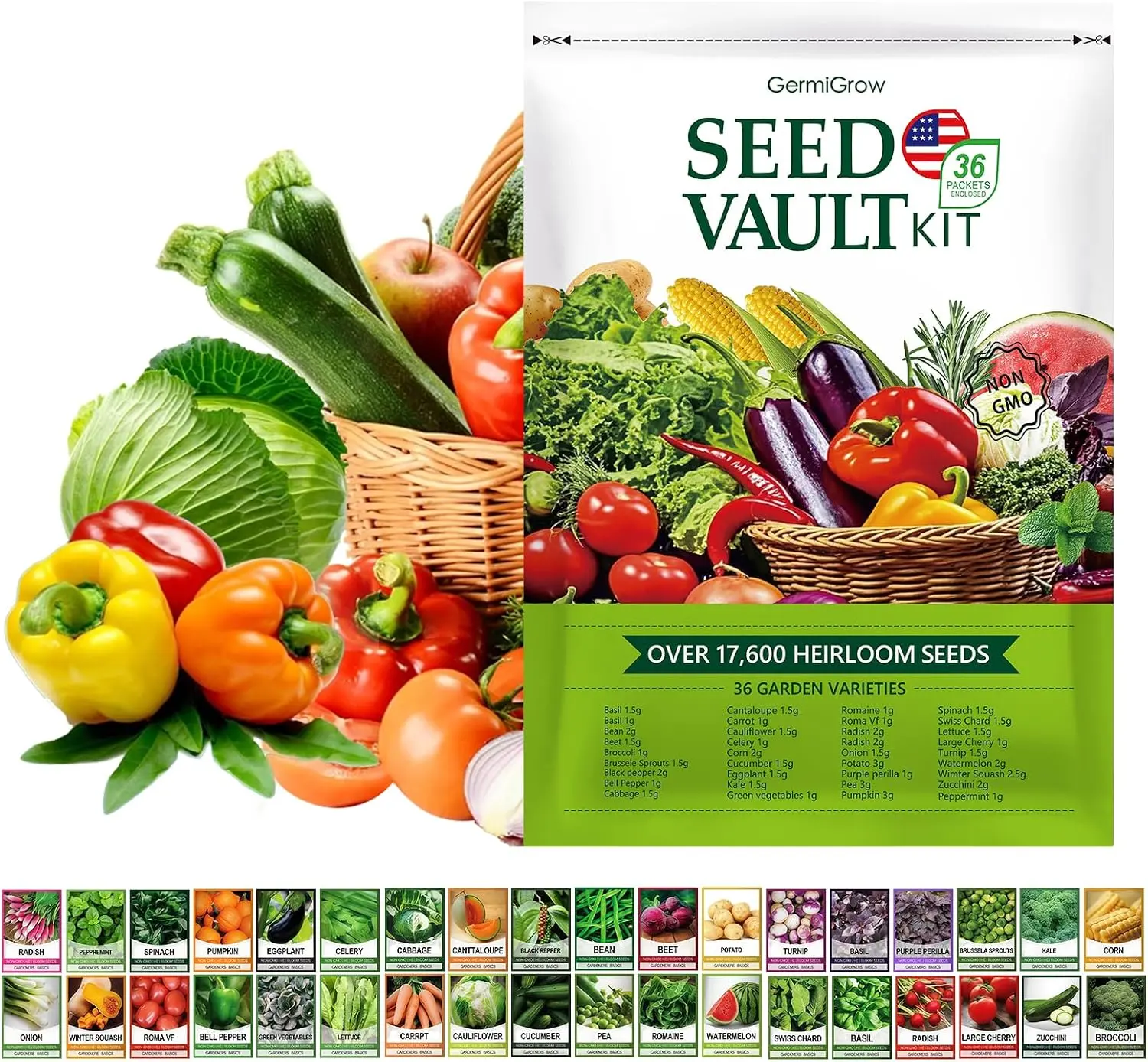 36 Vegetable & Herb Seeds Variety Pack, 17,600+ Heirloom Non-GMO Seeds, 36 Individual Seed Packets for Indoor, Outdoor, Greenhouse & Hydroponic Gardening