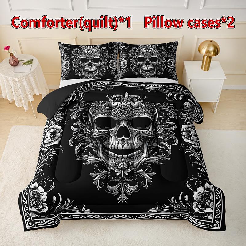 Skeleton Pattern quilt Set, Gothic Black Bedding, Includes 1 quilt and 2 Pillowcases (Pillows Not Included), Comfortable Bedroom Decor
