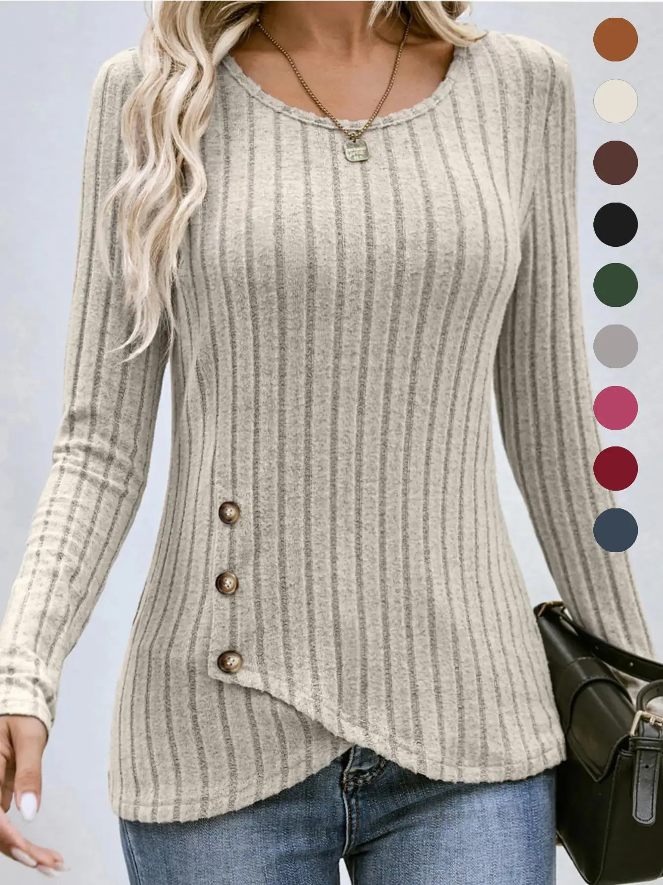 Women's Plain Buttons Asymmetrical Hem Wrap Knit Top, Casual Long Sleeve Round Neck Top for Spring & Fall, Women's Knitwear, Please Purchase A Size Up