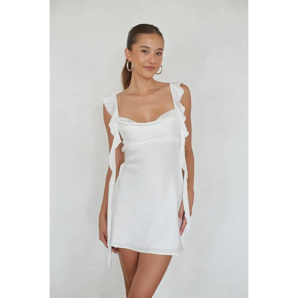 Women's Scheana Feminine Satin Mini Dress, Soft Ruffle-Strap Cowl Design, Casual Strappy Womenswear