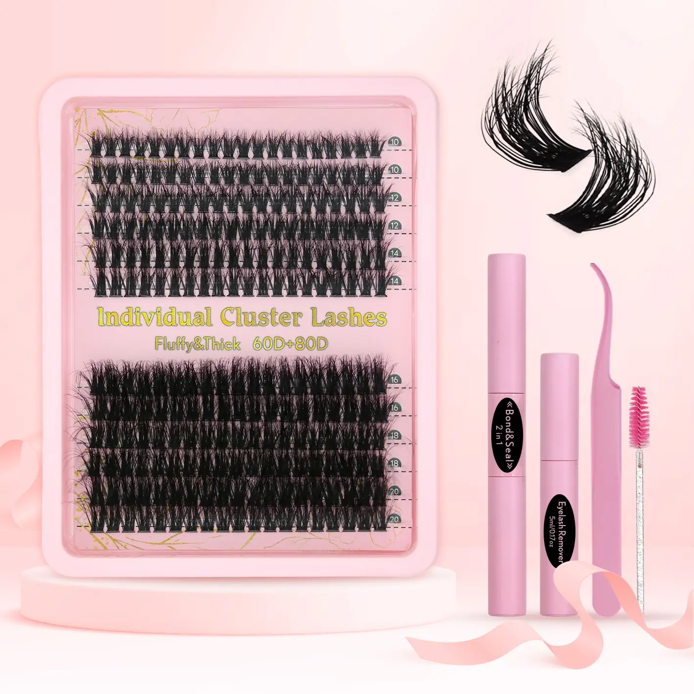 1020mm Cluster Eyelashes Extensions 1 Set Eyelash Cluster Kit with Tweezers Glue Remover Brush DIY Eyelash Kit