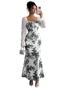 New Women's Fall Long Fitted Dress, Square Neck Bow Chiffon Flounce Design, Elegant Fashion for Dating, Parties, Daily Wear, Waist Cinched