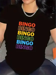 Bingo Print Short Sleeve T-Shirt - Black & White with Colorful Bingo Games Design| Lightweight Round Neck Casual Top| Durable Machine-Washable Blouse for Spring Summer Fall Casual Attire & Bingo Party Outfits