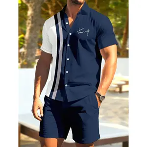 Menswear 2-Piece Casual Clothes Set, Men's Summer Printed Short-Sleeve Polyester Shirt and Shorts