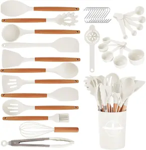 Kitchen Utensils Set - 34 PCS Non-Stick Silicone Cooking Utensils Set Spatula Set with Holder, Wooden Handle Spoon,Brush,Whisk Kitchen Gadgets Tools Set for Nonstick Cookware (Cream White-34P)