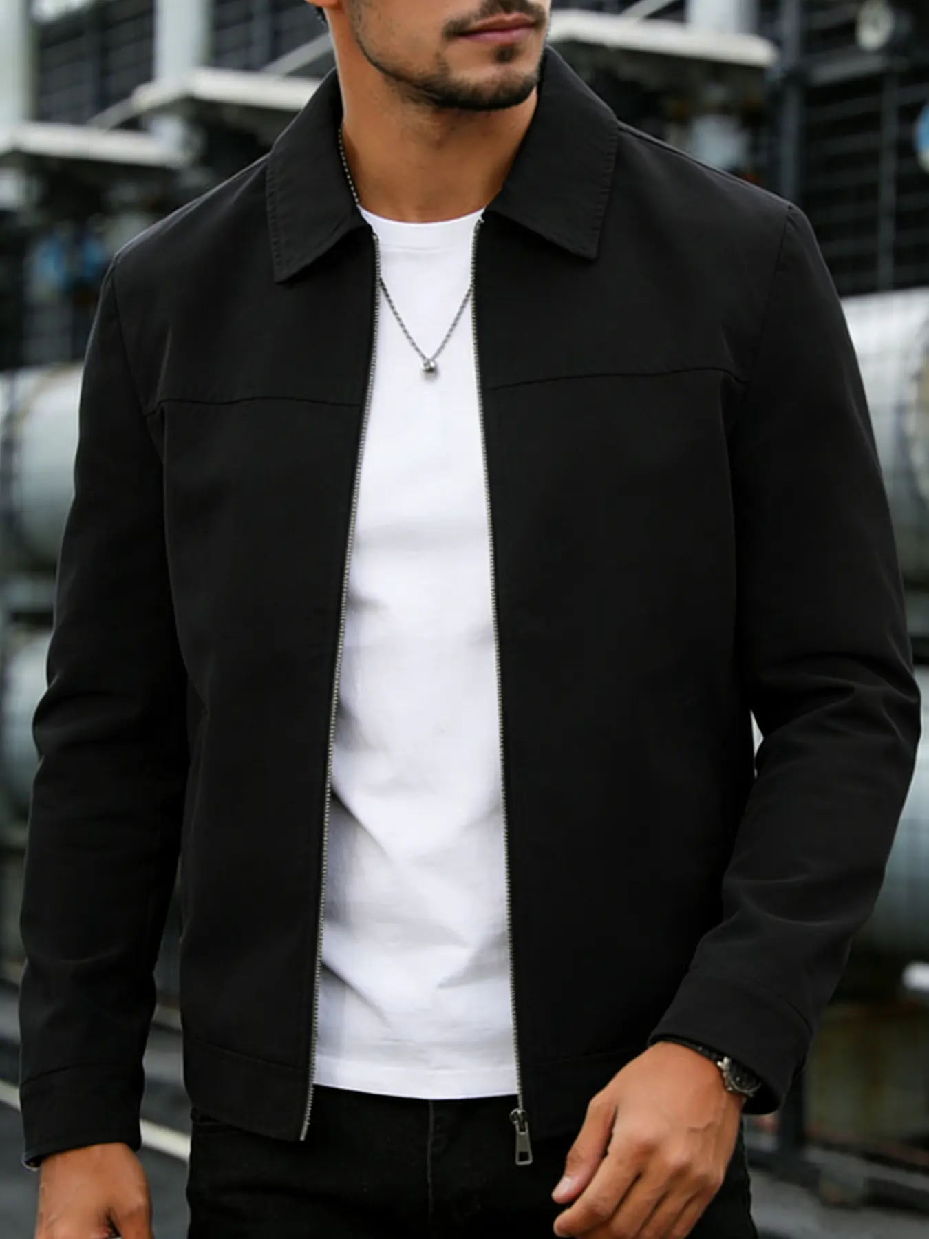 Men's Spring & Fall Casual Jacket, 100% Polyester, Zip Closure, Lightweight Business Style, Easy Care, Plain Design