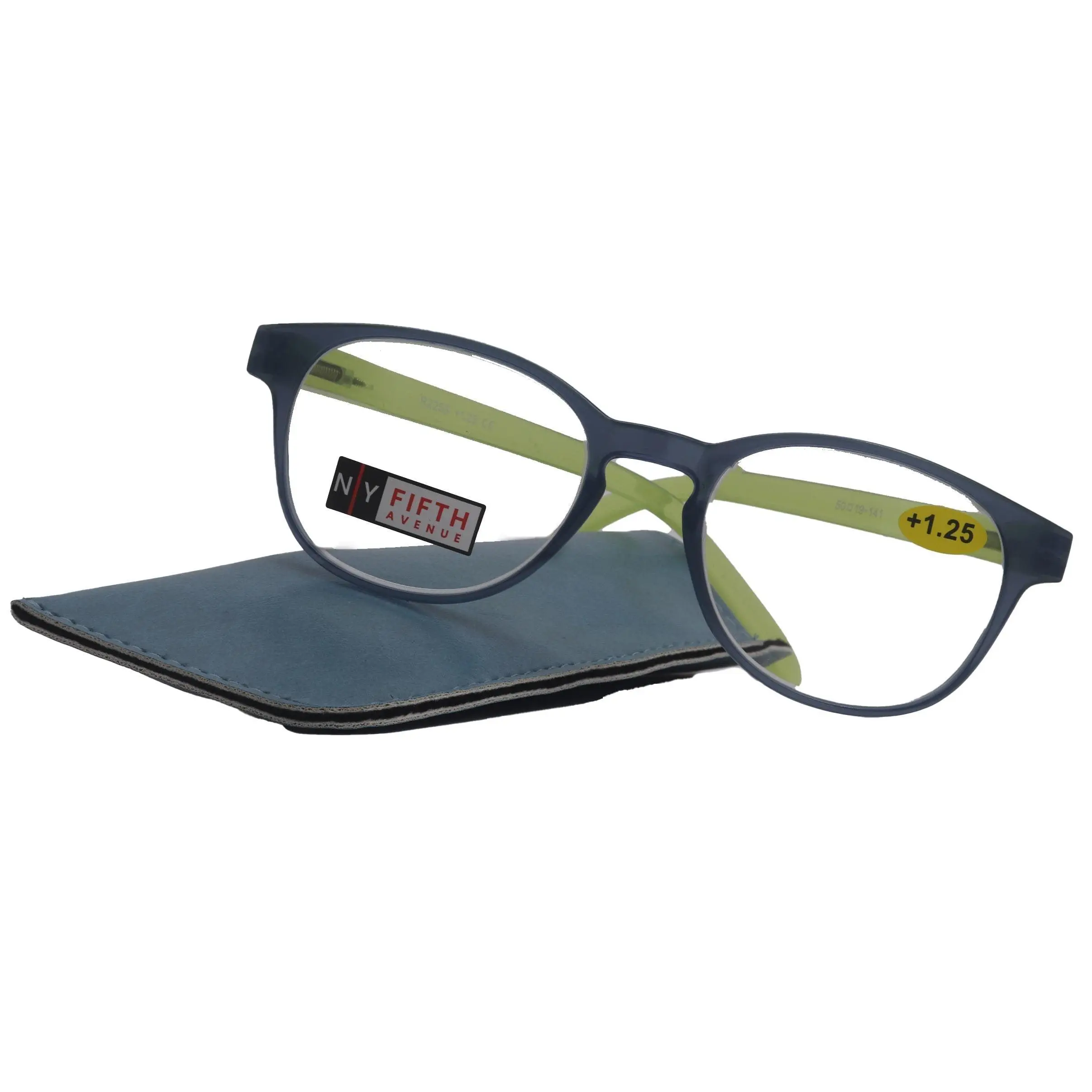 Premium Reading Glasses High End Readers +1.25..+3 Magnifying Glasses, Round Frame. (Transparent Blue, Green) NY Fifth Avenue. Unisex Lightweight