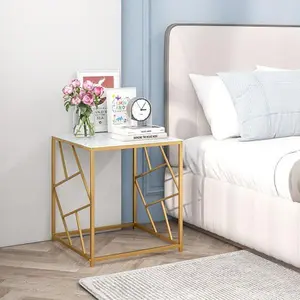 Square End Table with Tempered Glass Tabletop and Gold Finish Geometric Frame, Golden