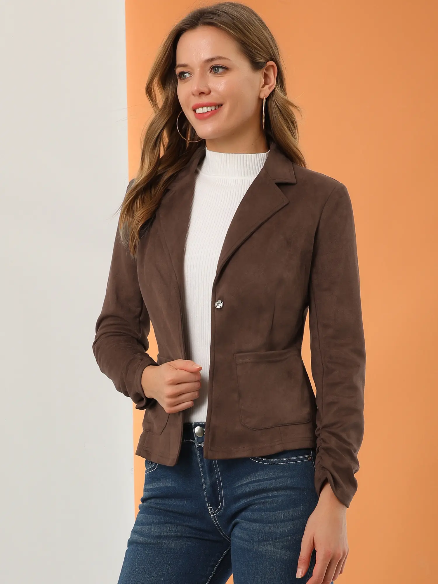 INSPIRE CHIC Long Sleeve Casual Open Front Drawstring Faux Suede Blazer