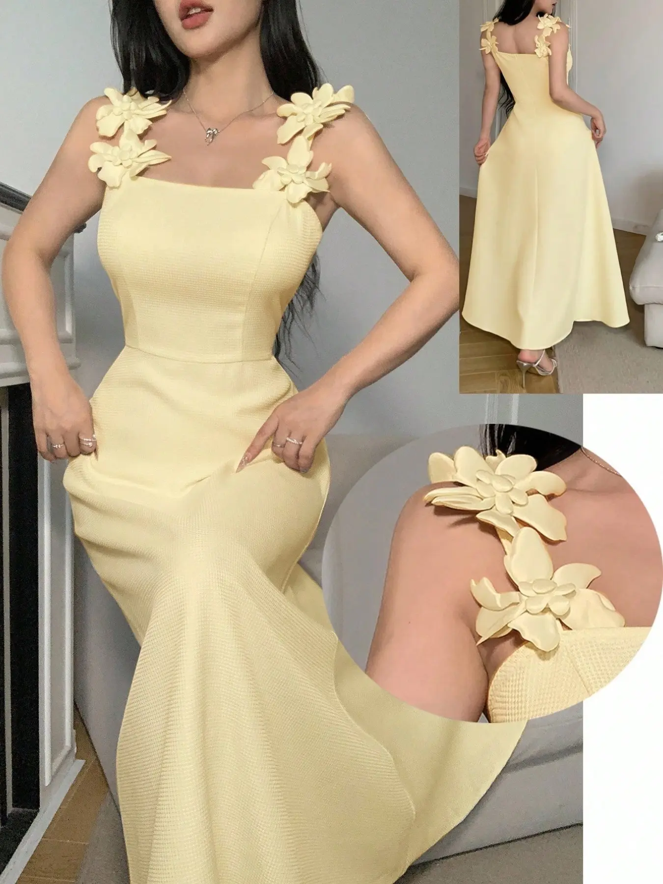Solid Color 3D Flower Decorative Halter Long Formal Dress for Women, Evening Dresses, Chic Elegant Classy Flattering Floral Design, Perfect for Special Occasions, Dresses for Party, Unique Fashion Statement, Formal Wear