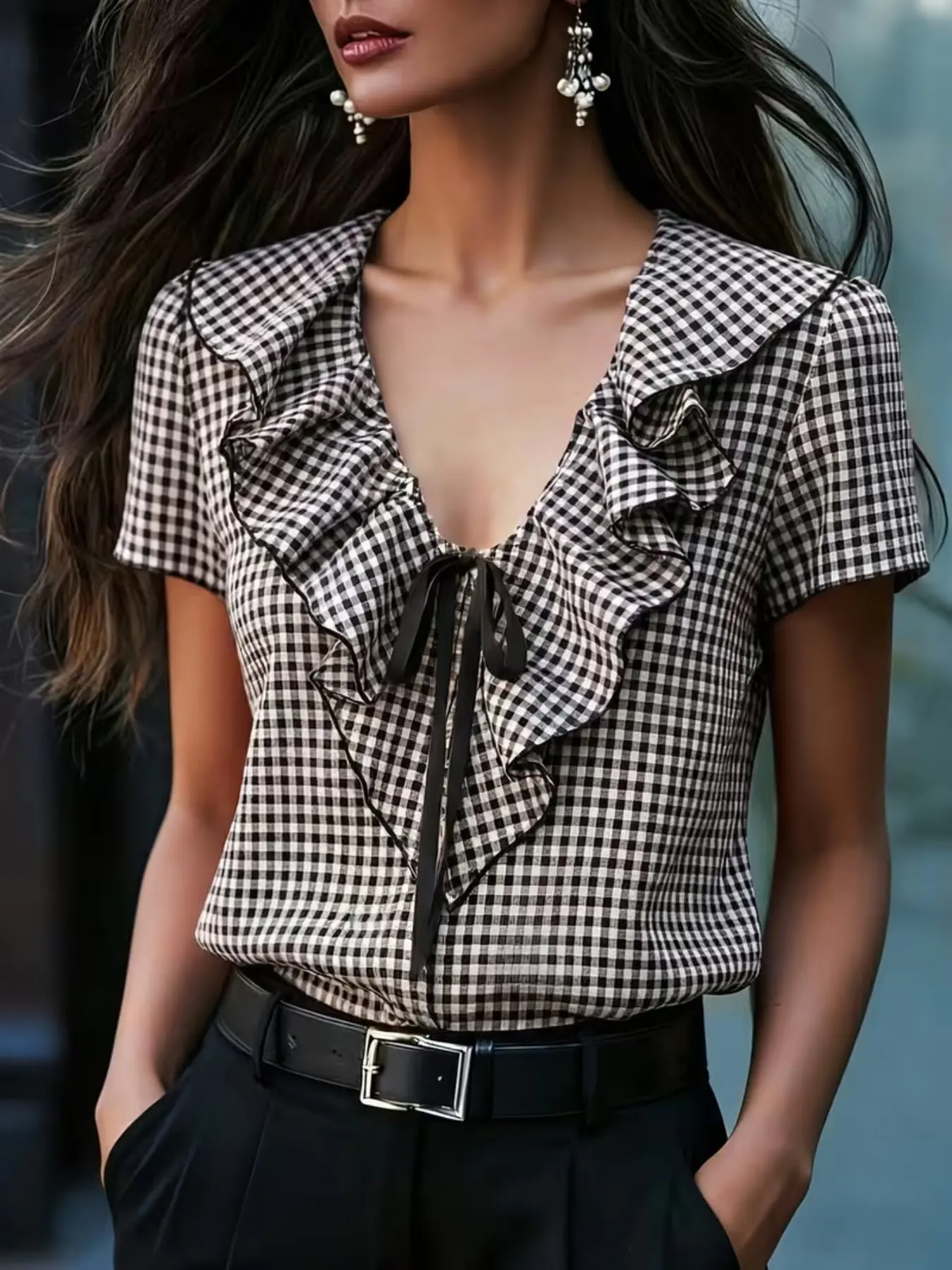 Elegant Cute Chic Daily Ruffle Butterfly Neck Short Sleeve Shirt Boho Cottagecore All Season Stylish Casual Blouse Top Women, Plaid Checkered Two-Tone Classic Pairing, Bow Tie Design for Office and Casual Wear