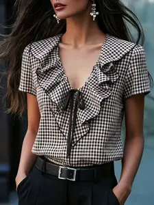 Elegant Cute Daily Ruffle Butterfly Neck Short Sleeve Shirt, Plaid Checkered Two-Tone Classic Pairing, Bow Tie Design for Office and Casual Wear