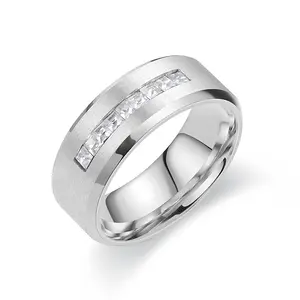 Luxury Men’s Stainless Steel Ring with Princess Cut CZ Inlay, Brushed Matte Finish Wedding Band, Silver Comfort Fit Promise Ring, Minimalist Fashion Jewelry for Men, Anniversary Engagement Gift, Durable Everyday Statement Ring