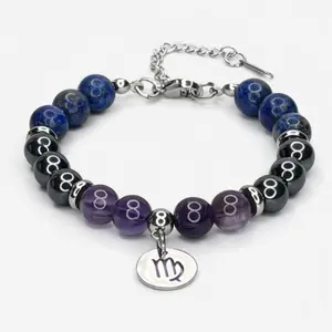 FIMENESS - VIRGO ENERGY BRACELET LAPIS LAZULI, HEMATITE AND AMETHYST NATURAL STONE BEAD COMBINATION HAND MADE STAINLESS STEEL NON-TARNISH CRYSTAL JEWELRY