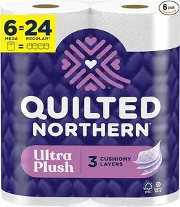 Quilted Northern Ultra Plush Toilet Paper, 6 Mega Rolls = 24 Regular Rolls, 3X Thicker*, 3 Ply Soft Toilet Tissue | 3X Thicker*, Ultra Soft