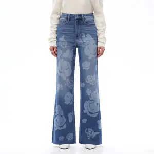 Y2K Floral Print High Waisted Flare Jeans, Retro Light Wash Denim with Rose Pattern
