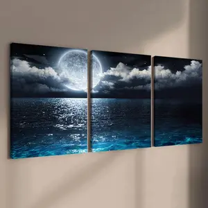 Wooden Framed Canvas Painting, 3 Counts/set Seaside Landscape Decorative Painting, Modern Art for Home Living Room Bedroom Office Decoration, Wooden Wall Art