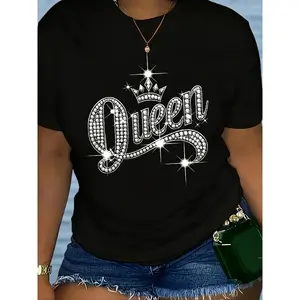 [Queen Print T-Shirt] Women's Queen & Crown Print T-Shirt - Short Sleeve Round Neck Casual Blouse with Queen Portrait & Crown, Spring Summer Casual Attire, Machine Washable Non- Fabric for Themed Parties & Events - Comfortable Casual Top