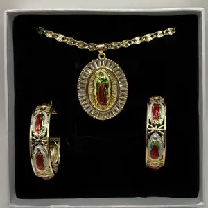 Gold Plated Virgen De Guadalupe Jewelry Set Earrings and Necklace with Detailed Enamel and Chain